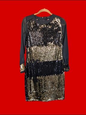 Black and Gold Mermaid Flip Sequin Long-Sleeve Glam Cocktail Dress Size 7